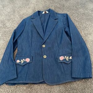 Vintage Christenfeld Pink Rose Embroidered Denim Blazer Ladies Small